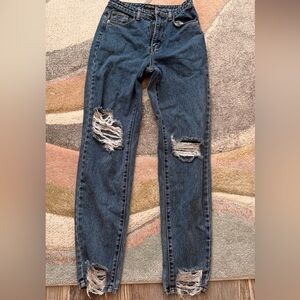 PrettyLittleThing Dark Blue Distressed Boyfriend Jeans